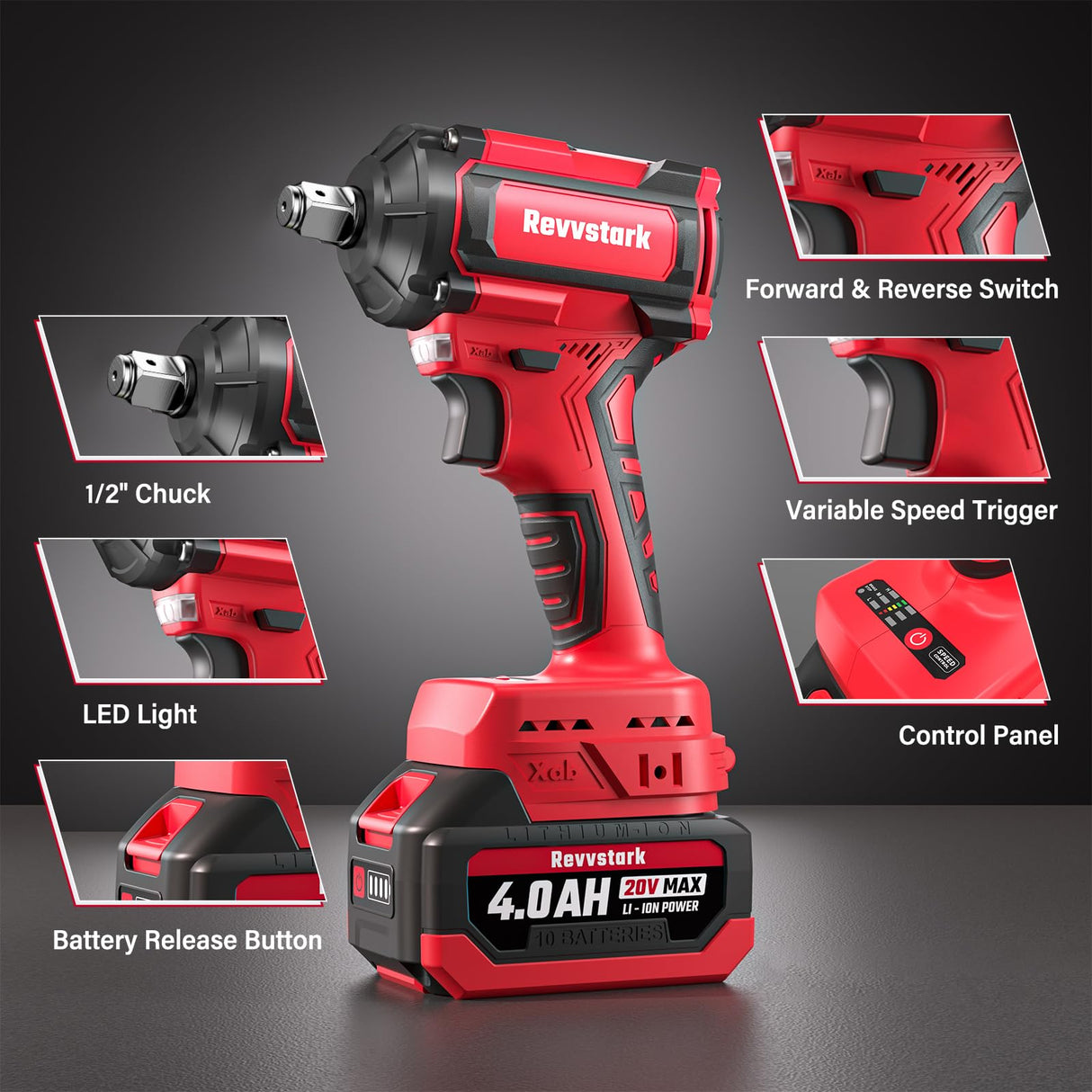 Revvstark Impact Wrench, Max Torque 480 Ft-lbs / 650N.m Cordless 1/2 Impact Driver, 20V 3000RPM Power Impact Gun with 4.0Ah Li-ion Battery and 1.5H Fast Charger, 5 Pcs Impact Sockets Included Revvstark