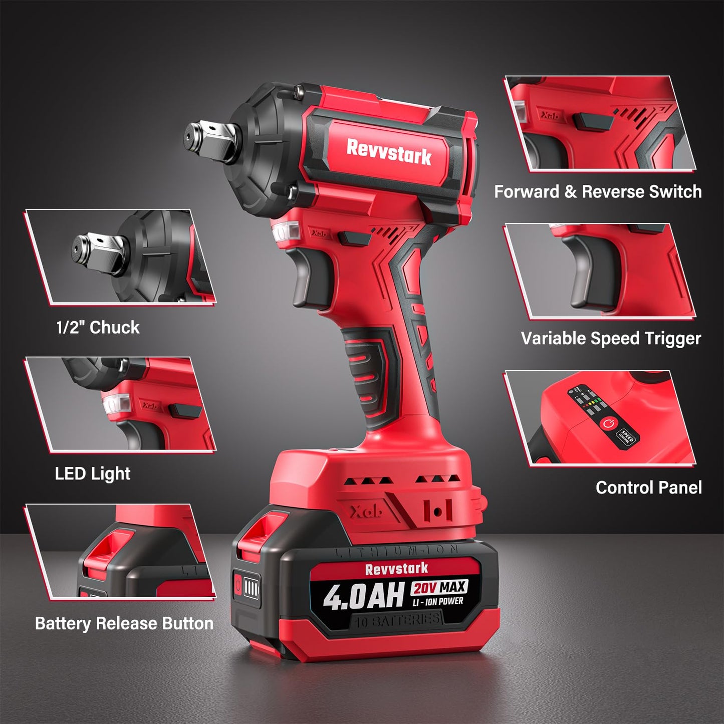 Revvstark Impact Wrench, Max Torque 480 Ft-lbs / 650N.m Cordless 1/2 Impact Driver, 20V 3000RPM Power Impact Gun with 4.0Ah Li-ion Battery and 1.5H Fast Charger, 5 Pcs Impact Sockets Included - WoodArtSupply