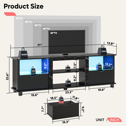 Bestier 70" Gaming Entertainment Center with Drawers, LED TV Stand for 75 Inch TV, TV Entertainment Stand for Living Room with Storage and Glass Shelves (Black Marble)