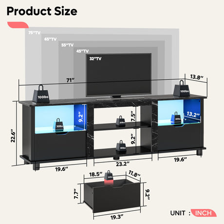 Bestier 70" Gaming Entertainment Center with Drawers, LED TV Stand for 75 Inch TV, TV Entertainment Stand for Living Room with Storage and Glass Shelves (Black Marble) Bestier