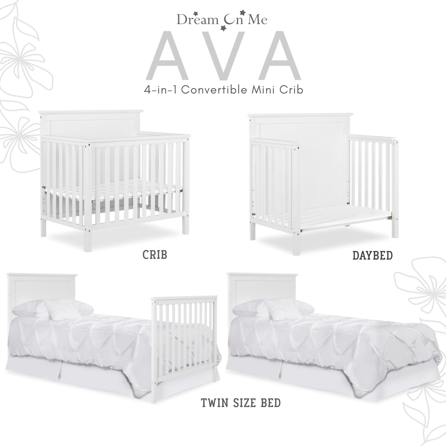 Dream On Me Ava 4-in-1 Convertible Mini Crib in White, Greenguard Gold Certified, Non-Toxic Finish, Comes with 1" Mattress Pad, with 3 Mattress Height Settings