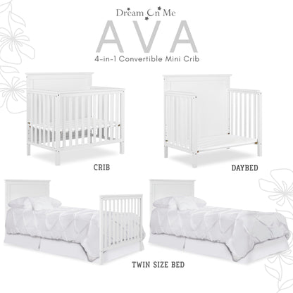 Dream On Me Ava 4-in-1 Convertible Mini Crib in White, Greenguard Gold Certified, Non-Toxic Finish, Comes with 1" Mattress Pad, with 3 Mattress Height Settings