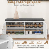 Giantex Shoe Storage Bench with Cushion, 2-Tier Entryway Bench w/2 Barn Doors & 2 Adjustable Shelves, Farmhouse Shoe Storage Cabinet for Entryway, Living Room, Hallway, Bedroom, White Giantex