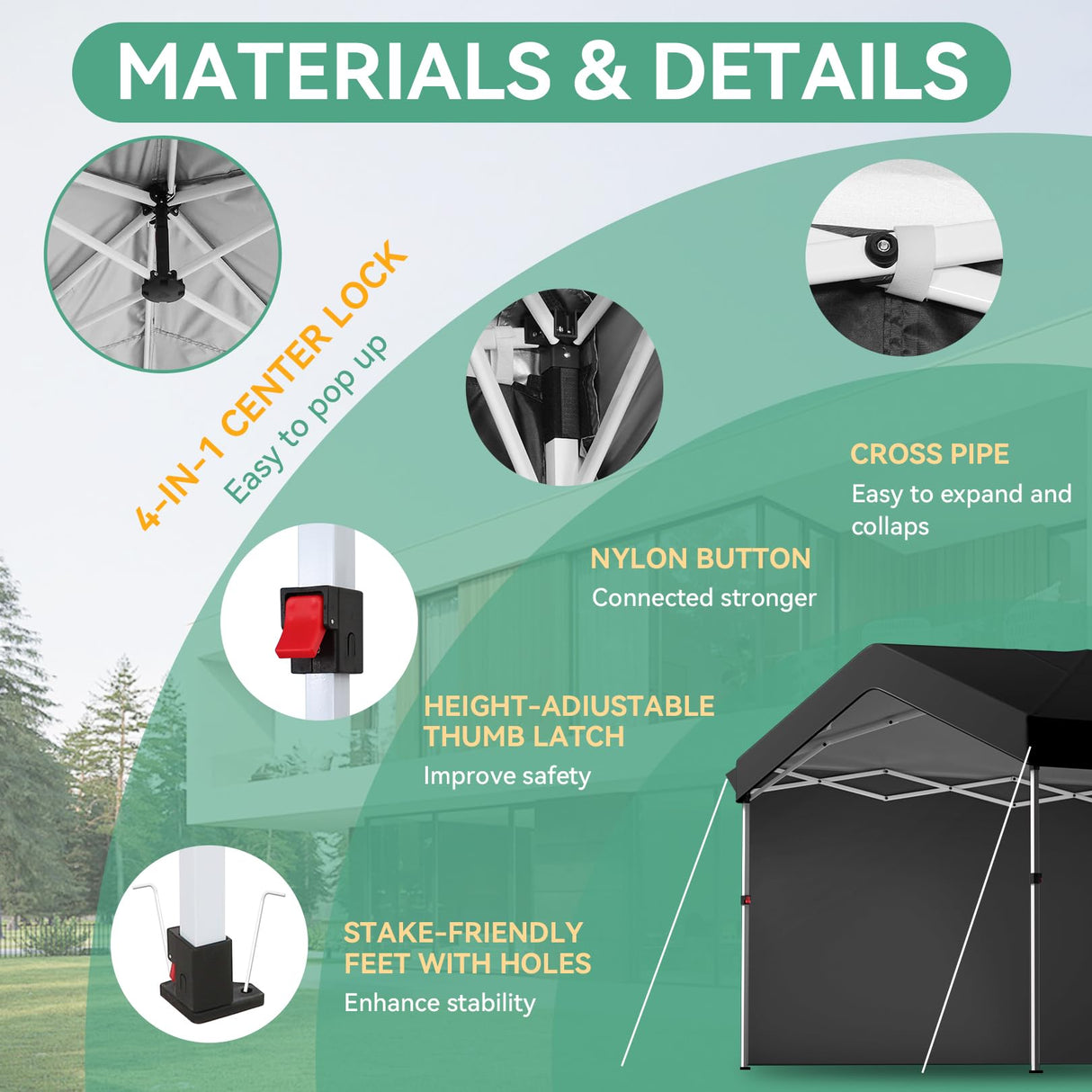 COBIZI Canopy Tent 10x10 Pop Up Canopy with One Button Push Center Lock, Portable Carport with 1 sidewall, 10x10 Carport Canopy for Parties, Commercial, Events, Waterproof, UPF 50+, Black COBIZI