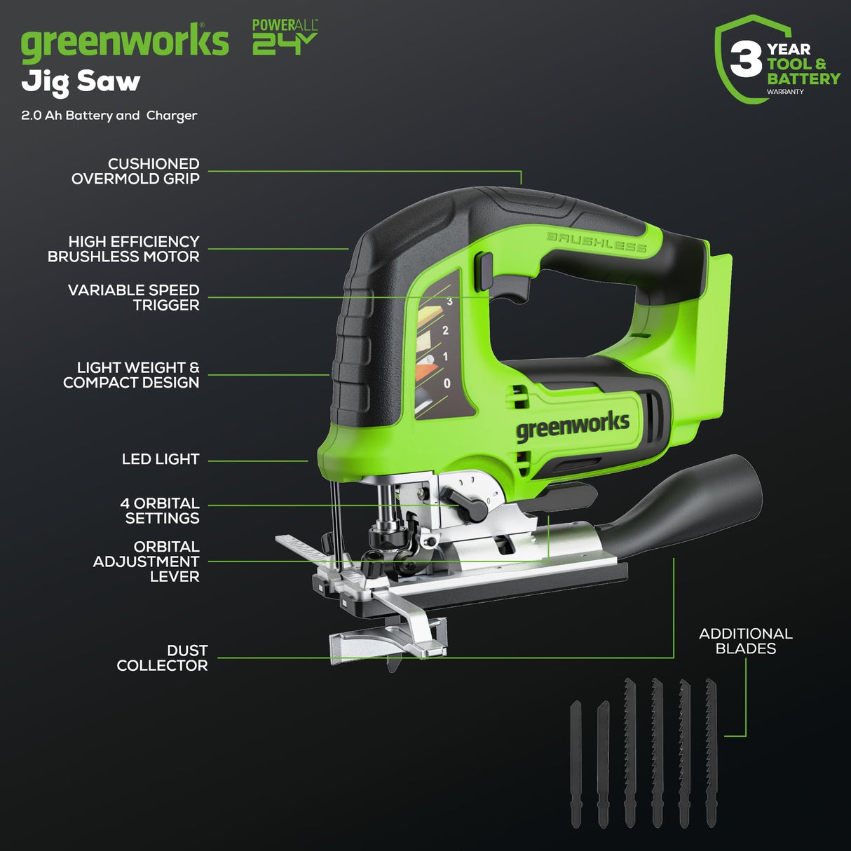 Greenworks 24V Cordless Jig Saw,3000 SPM Brushless 1 Inch Stroke Length Jigsaw with 6PCS Blades,4 Orbital Settings,45 Degree Cutting Angle,Tool-Free Blade Changing Greenworks