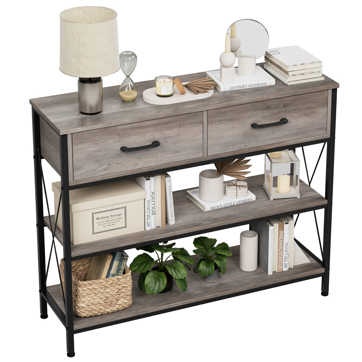 HITHOS Industrial Console Table with Drawers, Vintage Hallway Foyer Table with Storage Shelves, Narrow Long Sofa Entryway Table for Living Room, Grey HITHOS
