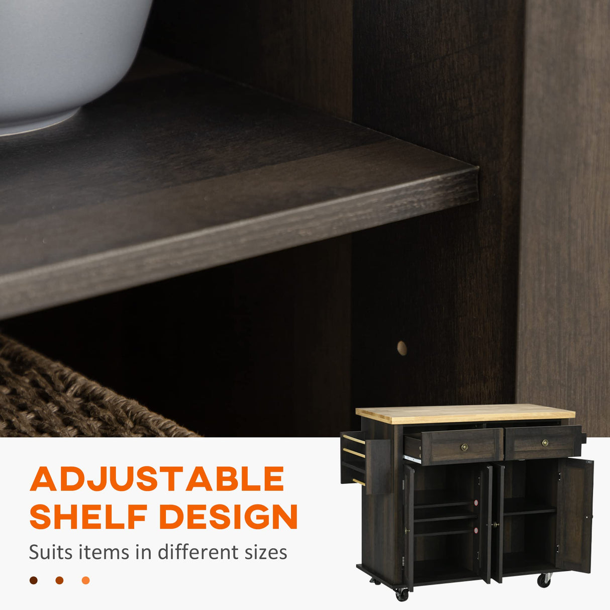 HOMCOM Kitchen Island on Wheels, Rolling Cart with Rubberwood Top, Spice Rack, Towel Rack and Drawers for Dining Room, Brown Oak HOMCOM