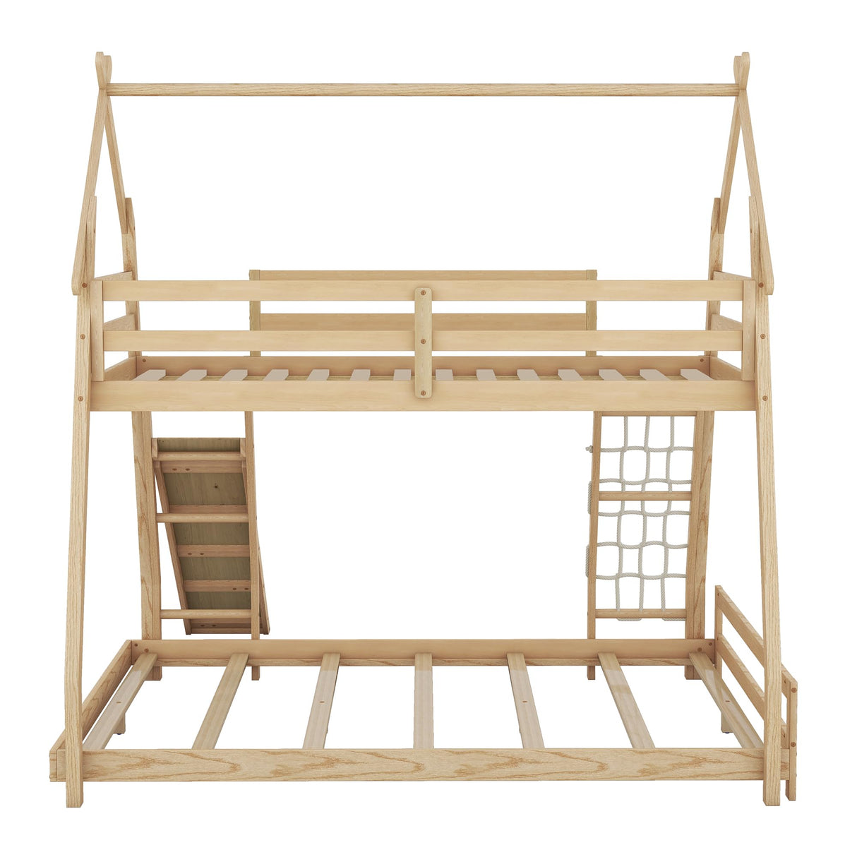 Merax Twin Over Queen Solid Wood Bunk Bed with Climbing Ramp and Nets for Kids and Teens - Natural Finish Merax