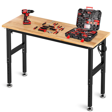 TLGREEN 60" Adjustable Work Bench with Power Outlet, Rubber Wood Top Work Table, Heavy Duty Work Bench, 2000 LBS Capacity, Workbench with Pegboard, Hooks, Garage Workbench for Workshop,Home,Office TLGREEN