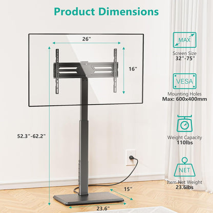 WALI Floor TV Stand with Power Outlet, Tall TV Stand Mount for 32-75 inch TV up to 110 lbs, Swivel and Height Adjustable TV Stands with Wood Base for Bedroom, Office(TVDVD-7P), Black