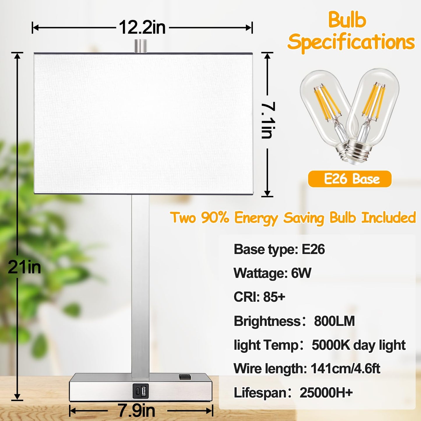 21" Set of 2 Touch Control Table Lamps with 2 USB & AC Outlets, 3-Way Dimmable Modern Nightstand Lamps for Bedroom Living Room Office Reading, White Shade Bedside Lamps, 5000K LED Bulbs Included.