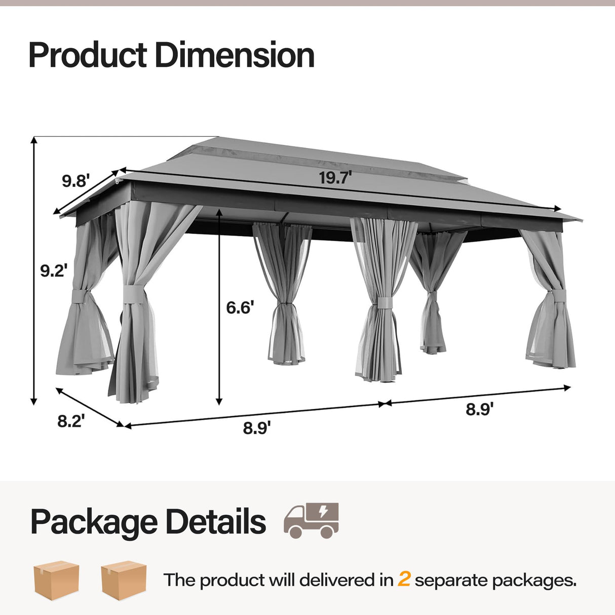 LAUSAINT HOME Outdoor Patio Gazebo 10'x20' with Expansion Bolts, Heavy Duty Party Tent & Shelter with Double Roofs, Mosquito Nettings and Privacy Screens for Backyard, Garden, Lawn, Smoke Grey LAUSAINT HOME