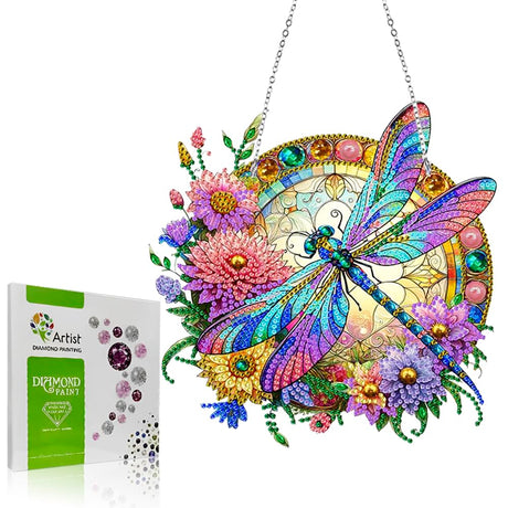 Koikify Diamond Painting Kits Hanging Pendant, Flower & Dragonfly Crystal Diamond Art Hanging Sign, Double-Sided Pattern Craft Ornament for Home Decoration and Gift Koikify