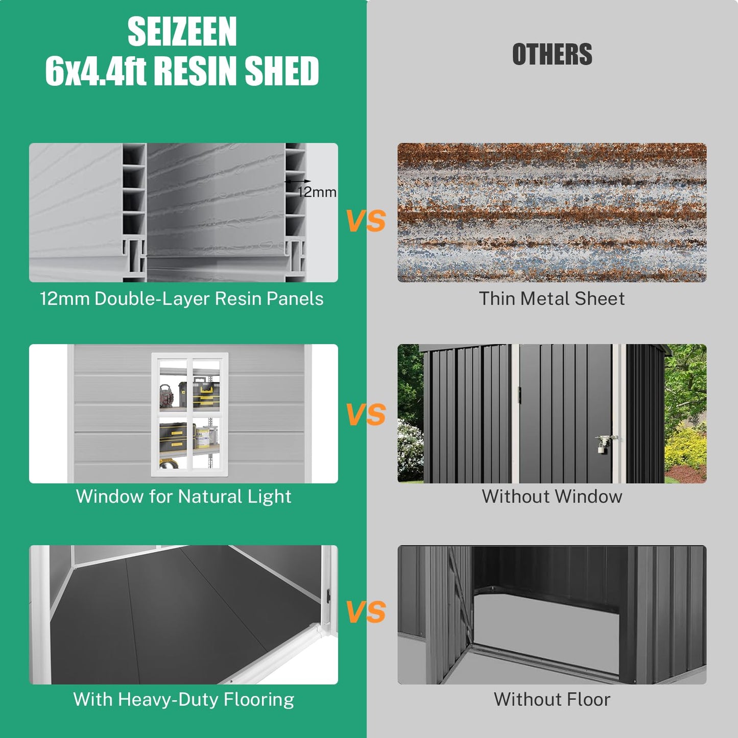 Seizeen 6x4.4FT Outdoor Resin Shed with Reinforced Floor, All-Weather Plastic Shed with Lockable Door, Window & Vents, Garden Tool Sheds & Outdoor Storage Clearance for Garden Patio Lawn (Gra - WoodArtSupply