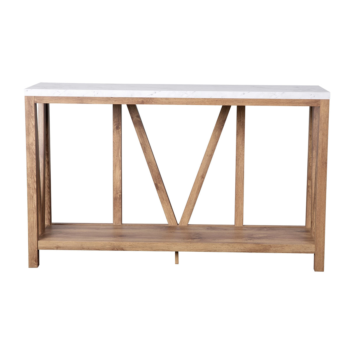 EMMA + OLIVER Owen Sofa Table - Modern Farmhouse Design - Engineered Wood Construction in Warm Oak - Faux Marble Top - Protective Floor Glides EMMA + OLIVER
