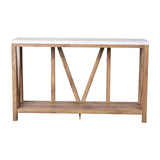EMMA + OLIVER Owen Sofa Table - Modern Farmhouse Design - Engineered Wood Construction in Warm Oak - Faux Marble Top - Protective Floor Glides EMMA + OLIVER