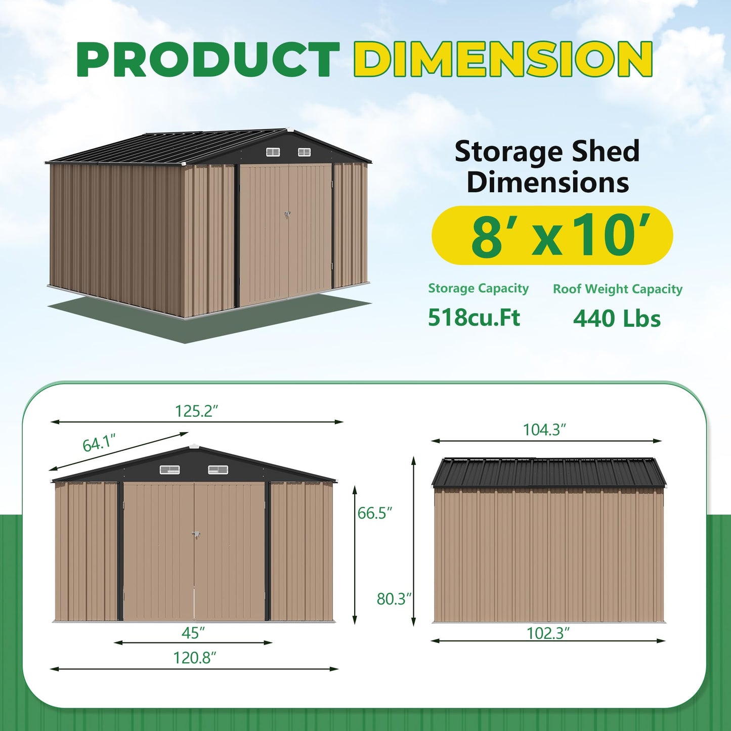 Devoko 8 x 10 FT Outdoor Storage Shed, Metal Garden Sheds & Outdoor Storage Clearance, Large Tool Shed Outdoor with Single Lockable Door for Patio Lawn Backyard (Brown)