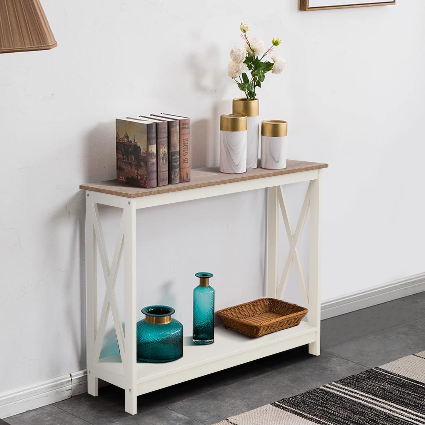 Sophia & William Console Table with Storage Shelf, 2 Tier Farmhouse Sofa Table for Entryway, Hallway, Living Room, Ivory+Oak - WoodArtSupply