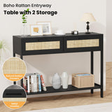 Derfullo Rattan Console Table - Boho Rattan Entryway Table with 2 Storage, Wood Small Console Tables for Entryway, Entry Table for Hallway, Sofa Table Derfullo