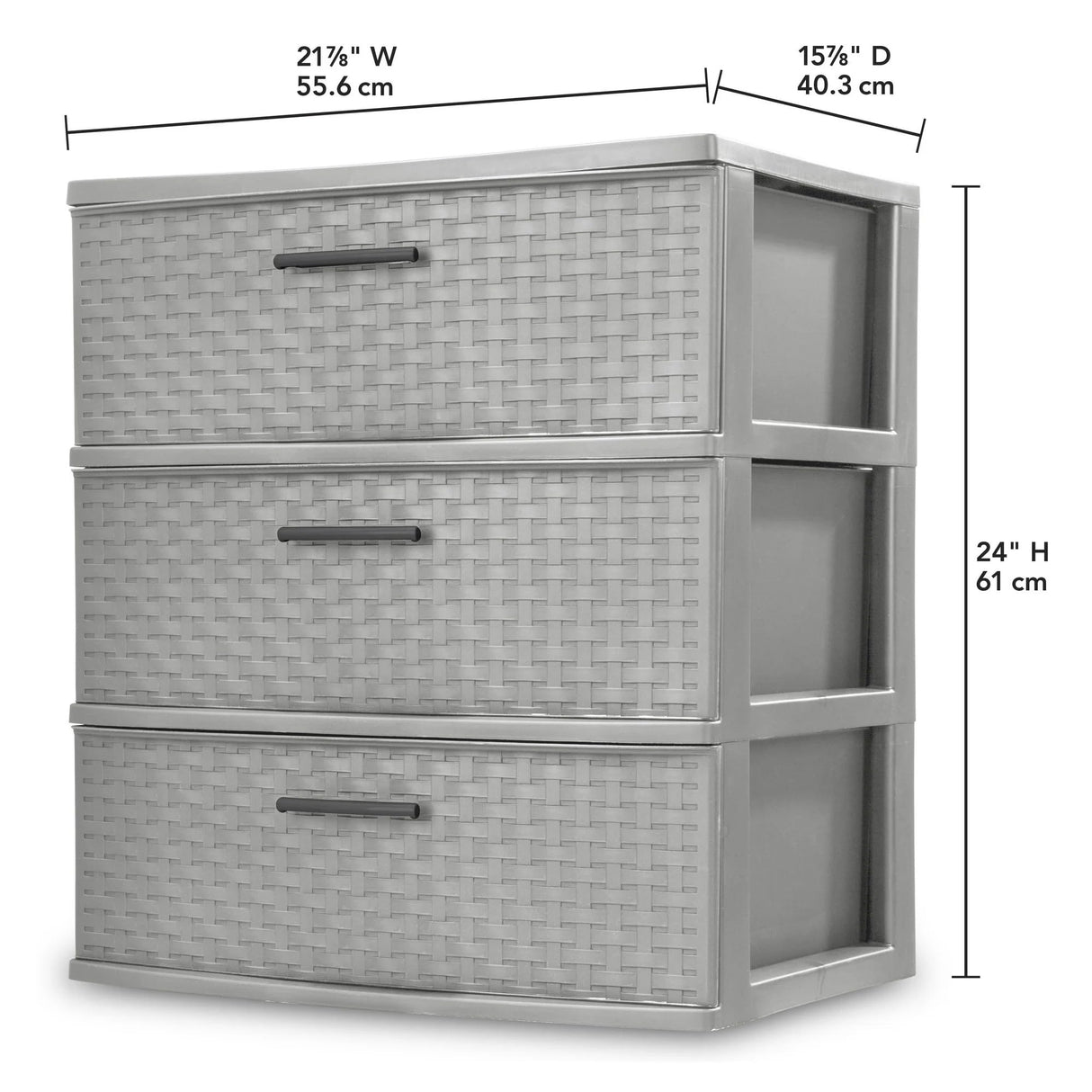 CLMSTE Gray Storage Drawer, 3 Drawer Plastic Weave Wide Tower with Pull Handles CLMSTE