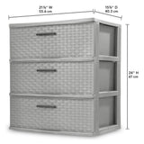 CLMSTE Gray Storage Drawer, 3 Drawer Plastic Weave Wide Tower with Pull Handles CLMSTE