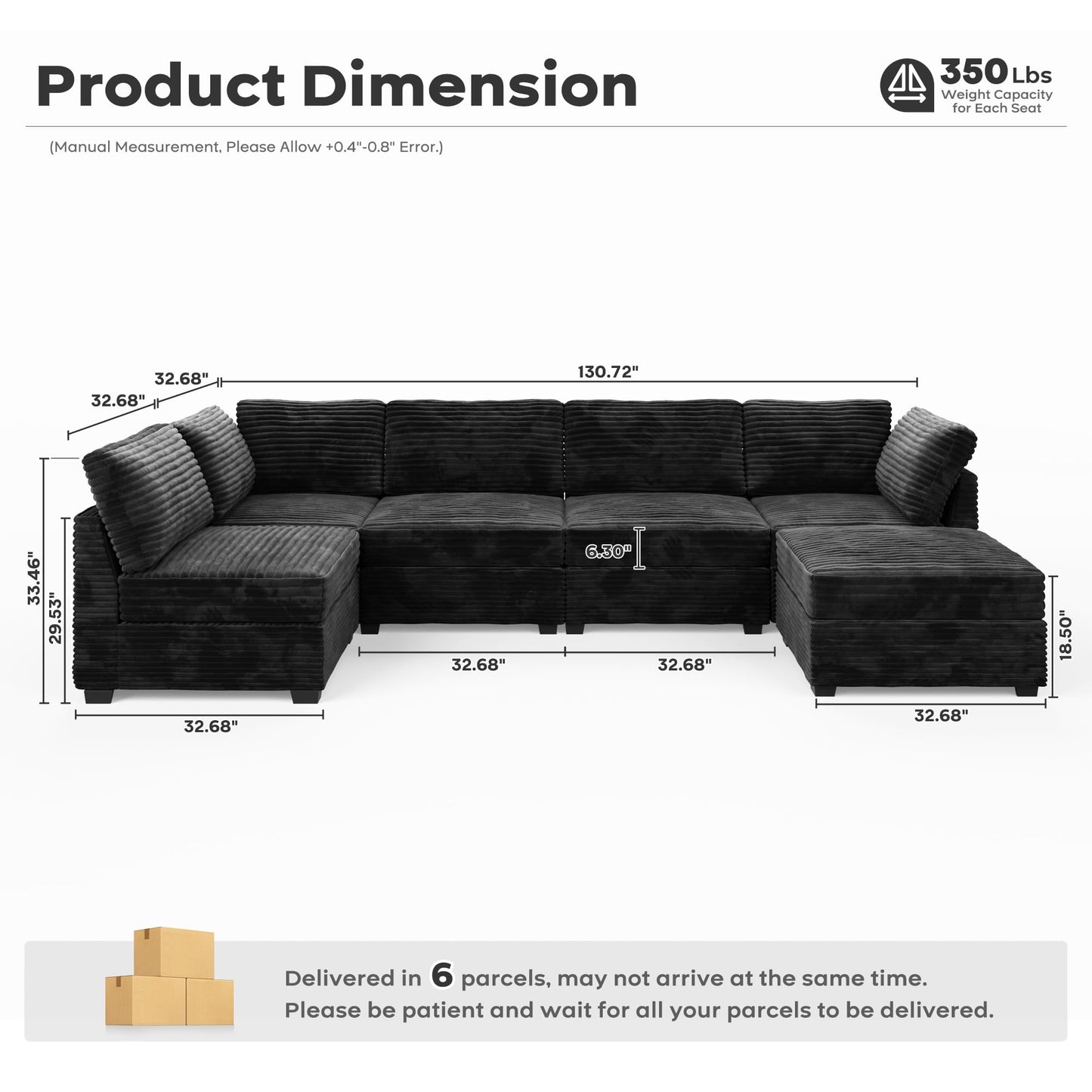 ovios 130.7" Modular Sectional Sofa Couch, U Shaped Minimalist Couches with Sofa Bed Chaise, Modern Deep Seat Cloud Plush Corduroy Sofa Set for Living Room, 6 Seat, Black