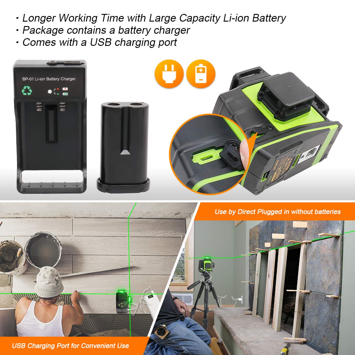 Huepar 3D Green Beam Self-Leveling Laser Level 3 x 360 Cross Line Three-Plane Leveling and Alignment Tool -Two 360 Vertical and One 360 Horizontal Line -Magnetic Pivoting Base GF360G Huepar