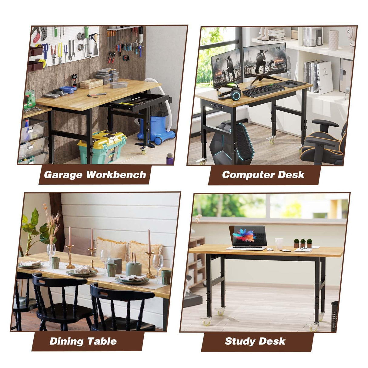 Pelnuies Workbench, 60" Adjustable Height Work Table with Power Outlet, Drawer and Wheels, 2000 LBS Load Capacity Hardwood Work Bench for Garage, Workshop, Home, Office (60" X 24") Pelnuies