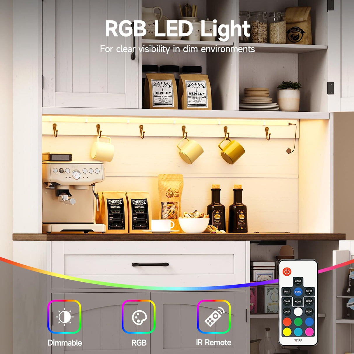 ONBRILL 71" Pantry Cabinet, Kitchen Pantry Storage Cabinet with LED Light & Outlet, Kitchen Hutch with Microwave Shelf & 6 Hook, Door Shelf & Drawer & Adjustable Shelf, Dining Room, Off White+Walnut ONBRILL