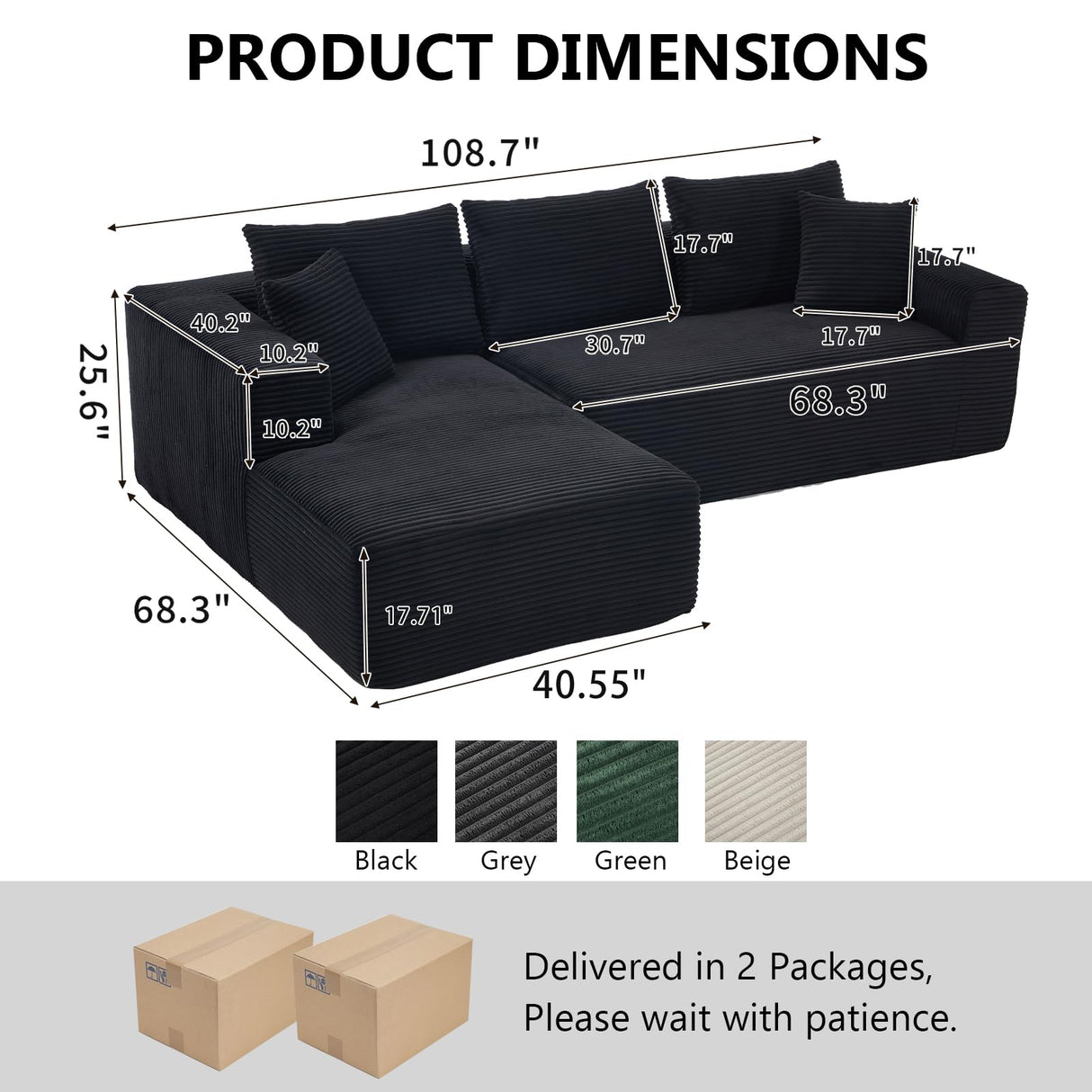 PELUMY 108.7" L-Shaped Modular Sectional Sofa with Oversized Chaise, Cloud Couch with Memory Foam, No Assembly Required Sleeper Sofa for Small Space Living Room, Apartment (Black, Corduroy) PELUMY
