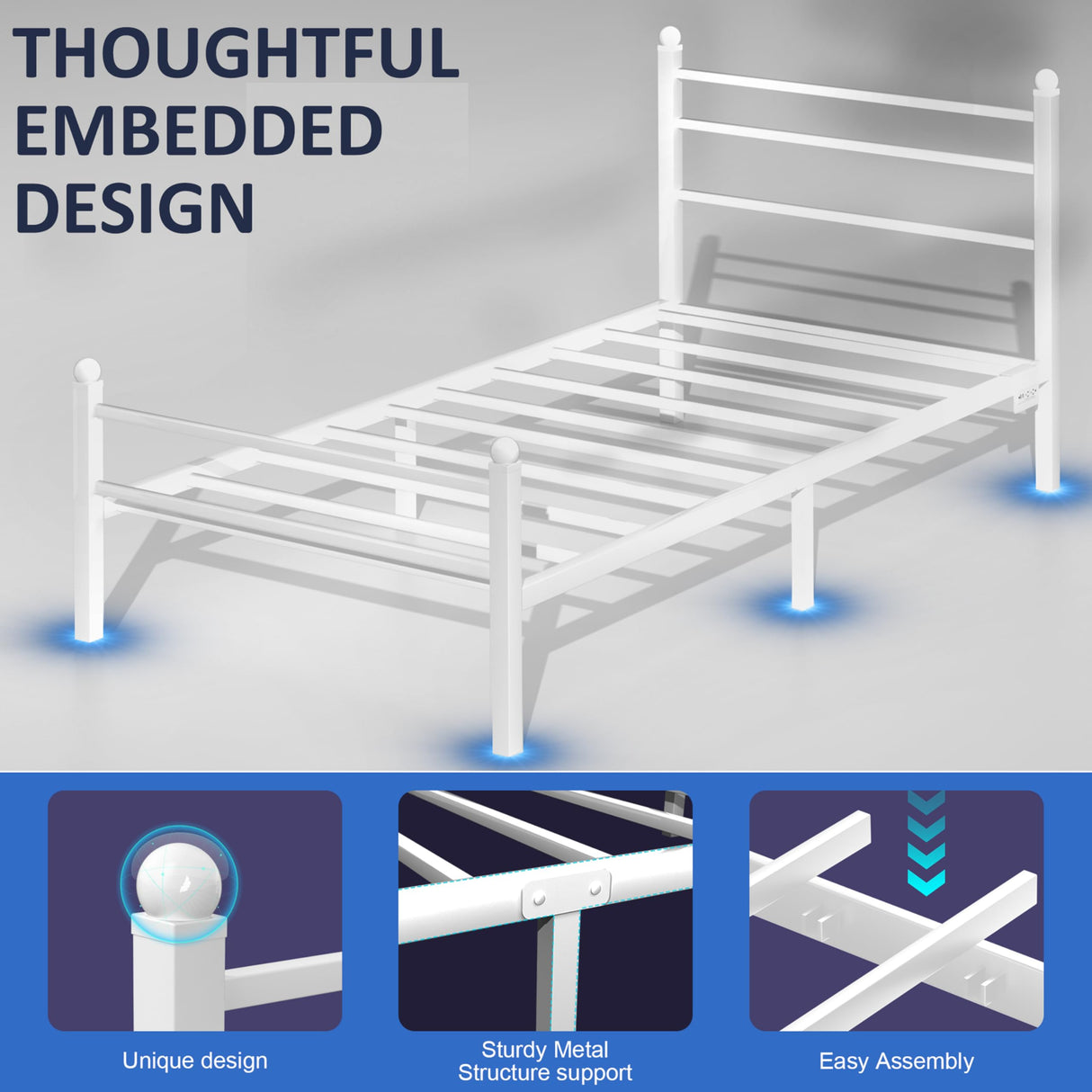 J.Fkne Twin Bed Frame with LED Lights & Charging Station, Metal Platform Bed with Headboard, Heavy Duty Metal Slats, No Box Spring Needed, Noise Free, Easy Assembly, White J.Fkne