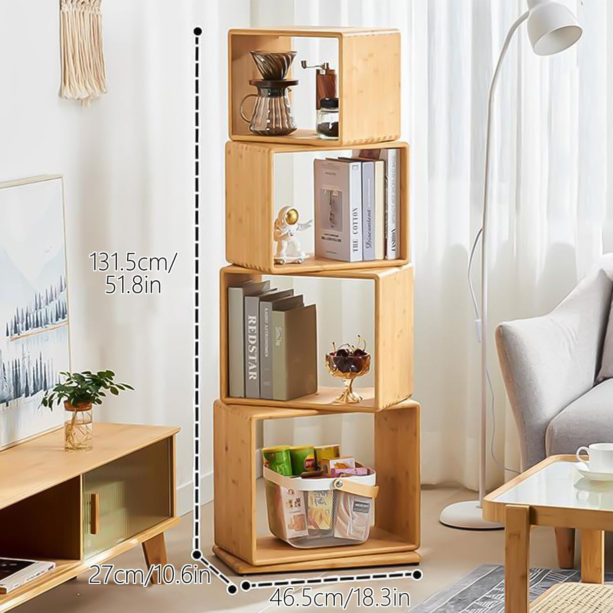 4-Tier Modern Rotating Bamboo Bookcase, DIY Free-Standing Bookshelf Large Capacity Creative Open Book Cabinet, 2 in 1 Nightstand Storage Organizer Lattice Shelf for Home, Office, Living Room, 4-Cube briteman