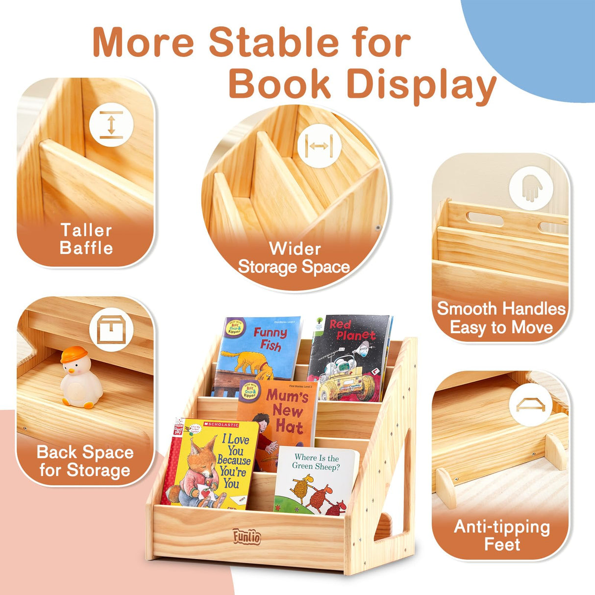 Front-Facing FUNLIO Montessori Bookshelf for Toddlers - Premium Pine Bookcase with Handles & Safety Features FUNLIO