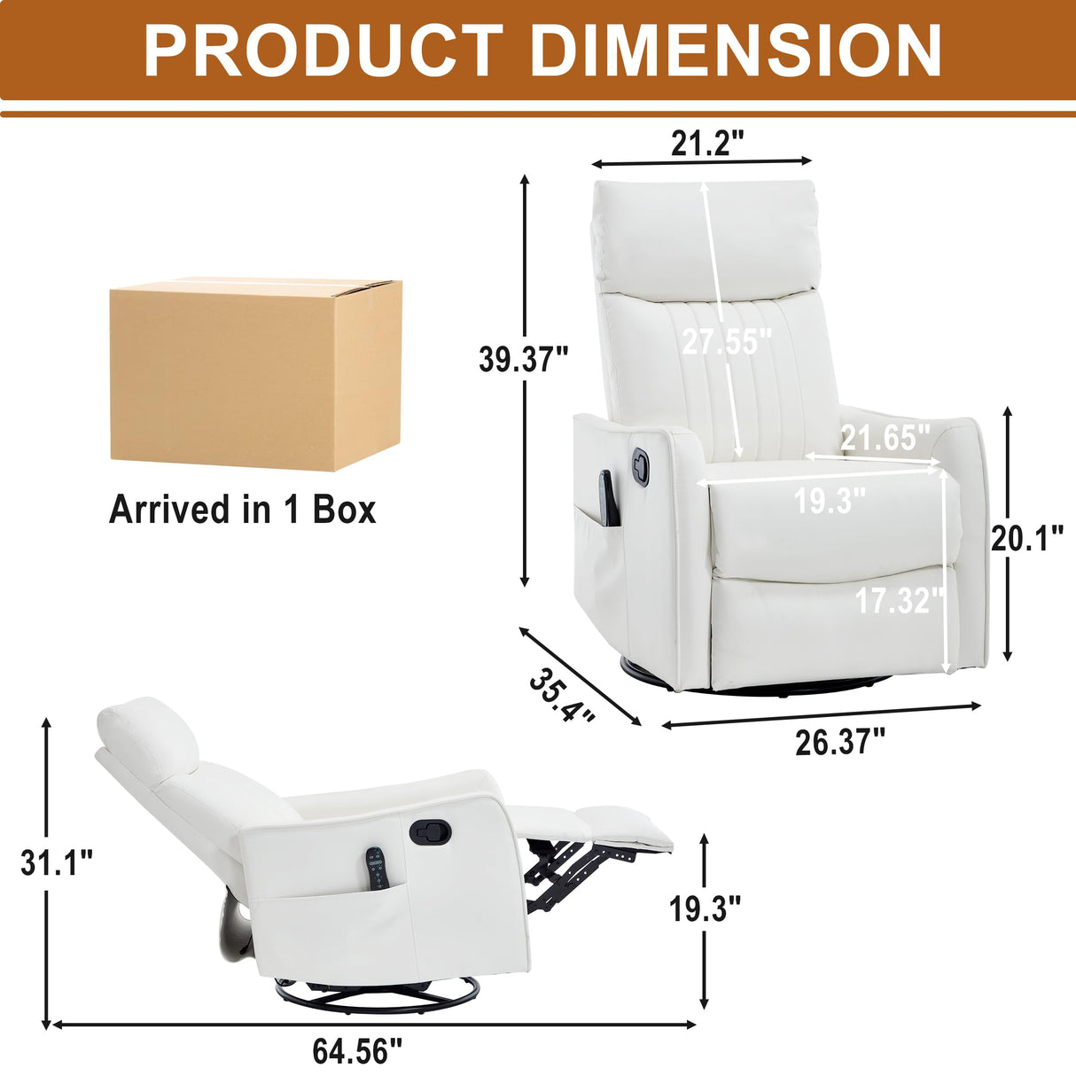 Manual Swivel Rocker Recliner Chair for Adults, Overstuffed Glider Chair for Nursery with Massage and Heat, Living Room Reclining Chair, Faux Leather White Luxlen