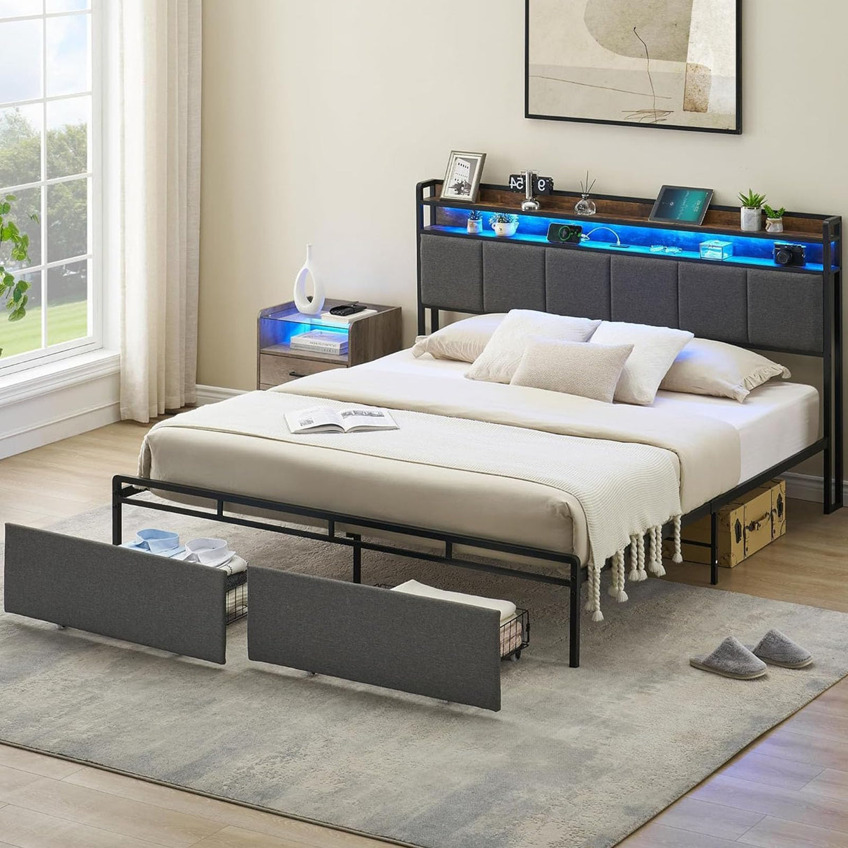 Queen Size Bed Frame with Storage Headboard Led Lights Charging Station, Upholstered Queen Platform Bed Frames with 2 Drawers, Noise Free, No Box Spring Needed, Easy Assembly,Brown Headboard IDEALHOUSE