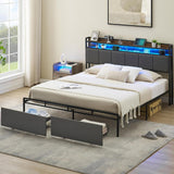 Queen Size Bed Frame with Storage Headboard Led Lights Charging Station, Upholstered Queen Platform Bed Frames with 2 Drawers, Noise Free, No Box Spring Needed, Easy Assembly,Brown Headboard IDEALHOUSE