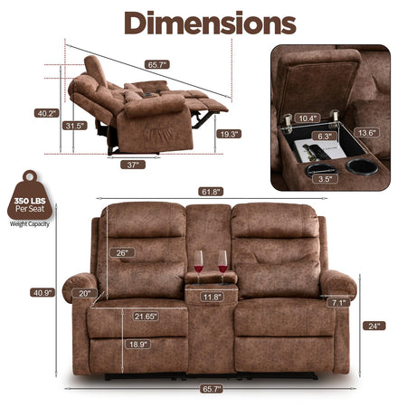 TPHORK RV Loveseat Recliner with Console, Reclining Loveseat Sofa, Manual Home Theater Seating with Pockets/Cup Holders for Living Room/RV Furniture (Velvet Brown) TPHORK