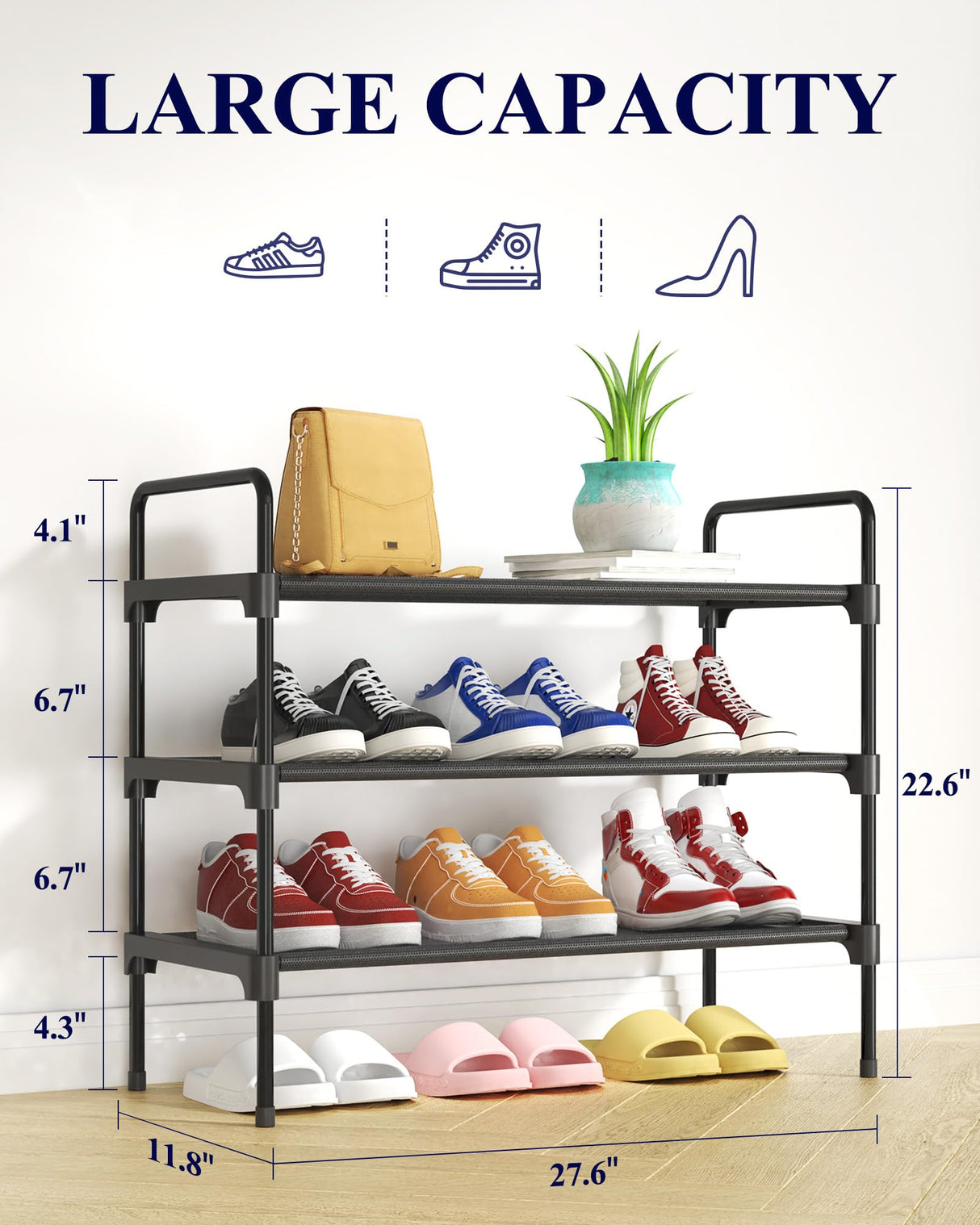Kitsure Shoe Rack for Closet, Sturdy and Long-Lasting Shoe Shelf, Shoe Rack for Entryway, Personalized DIY Shoe Organizer, Shoe Rack Organizer for Space-Saving, 27.6" x 11.8" x 22.6", Black Kitsure