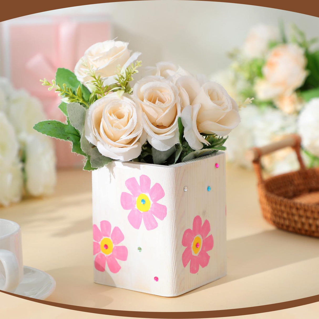 DoubleFill 6 Pack Wood Pen Holder Unfinished Wooden Pencil Holder for Homemade DIY Crafts Mini Wood Pencil Box Small Wooden Crates for Crafts Projects, 3 x 3 x 4 Inches DoubleFill