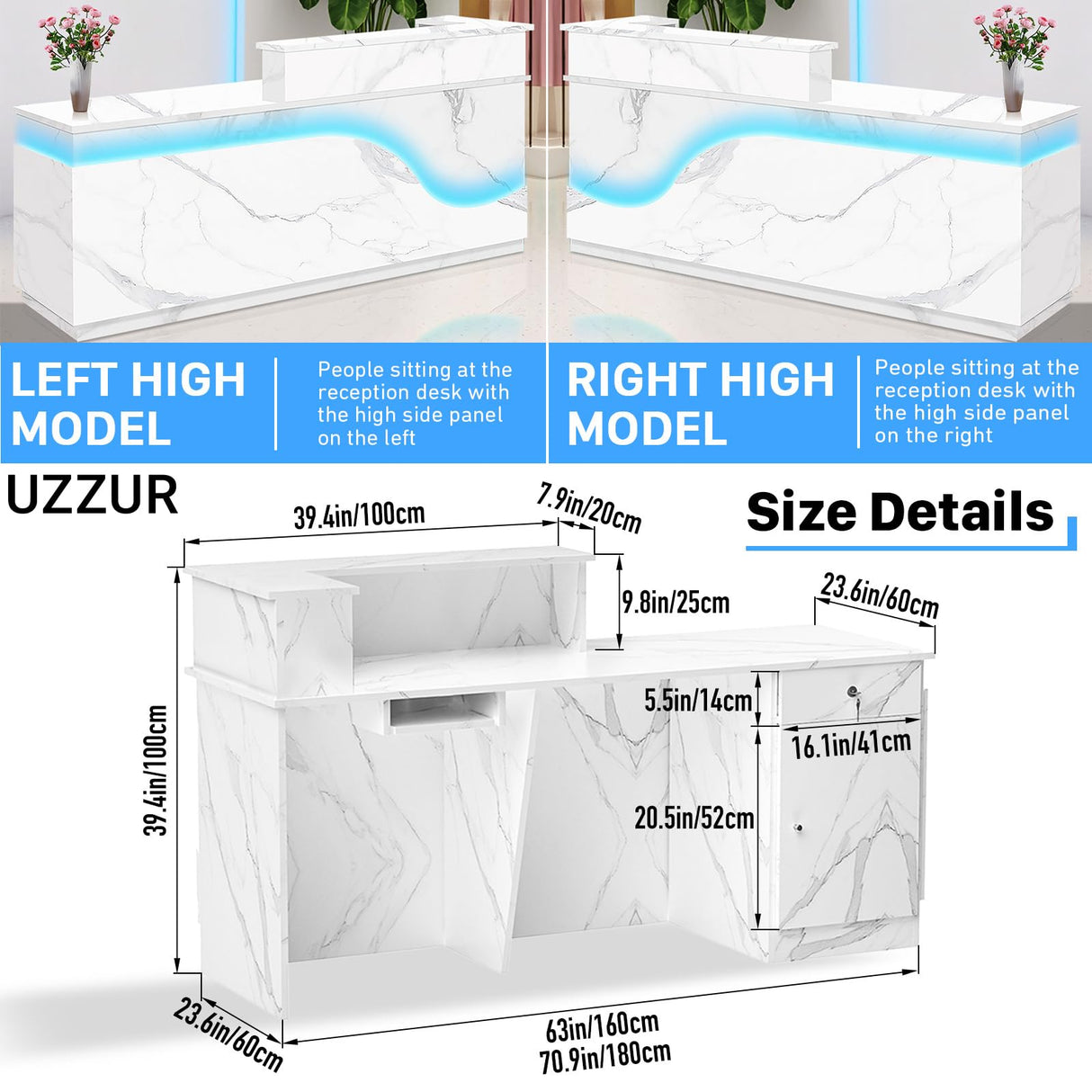 Reception Desk with Counter, Front Desk Receptionist Counter with Lockable Drawer & Cabinet & Keyboard Tray & Cable Grommet, Retail Checkout for Office, SOHO, Shop, Salon (White,63inch-Left) Generic