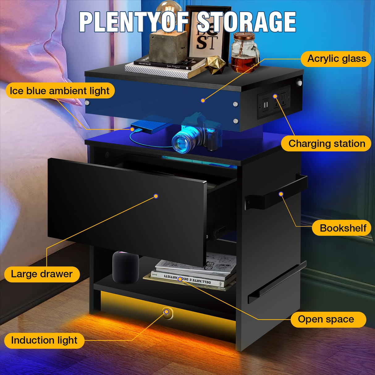 LAINELAND Night Stand Set 2,Nightstand with Charging Station,Induction Light and LED Light,Bedside Table with Drawers,Modern Nightstand End Side Table for Bedroom,Nightstands with Bookshelf,Black LAINELAND