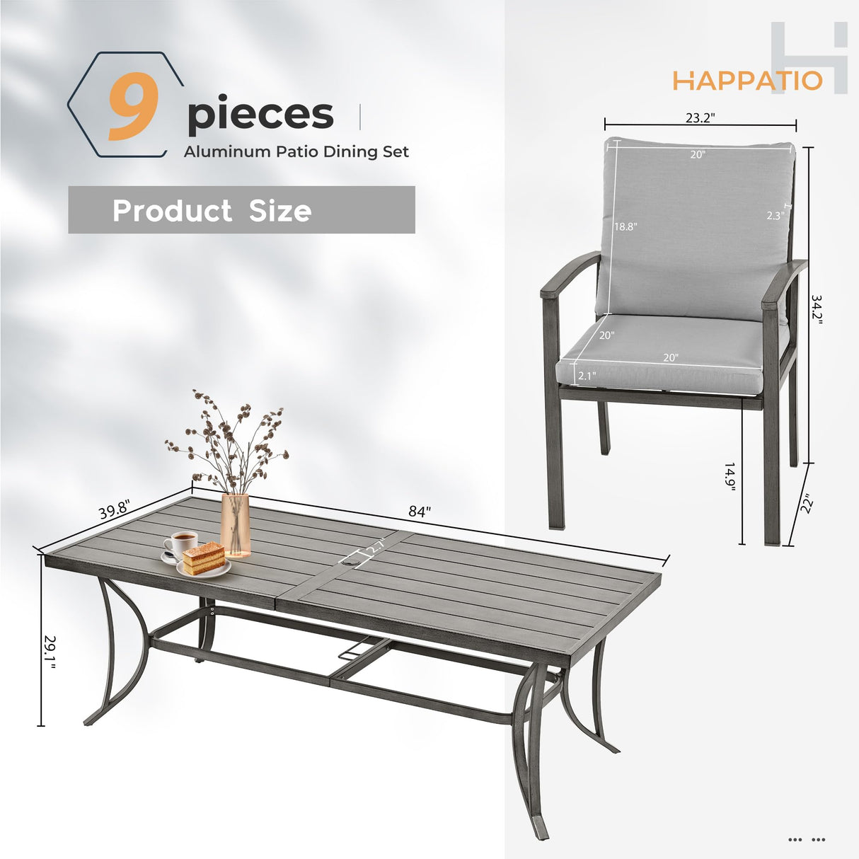 HAPPATIO 9-Piece Patio Dining Set - All Aluminum Table and Chairs for 8, Includes Rectangular Table and 8 Chairs with Cushions, Lawn, Garden HAPPATIO