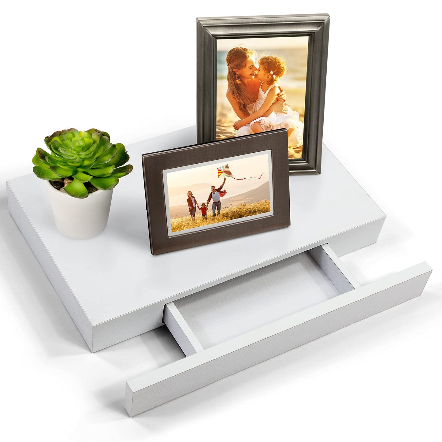 16" Floating Shelf with Drawer - White Wood Floating Nightstand for Bedroom, Wall Shelf with Storage - Ideal for Office, Bathroom, Kitchen - Wall mount Space-Saving Design, Small Drawer (White)