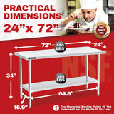 Food Prep Stainless Steel Table - DuraSteel 24 x 72 Inch Commercial Metal Workbench with Adjustable Under Shelf - NSF Certified - For Restaurant, Warehouse, Home, Kitchen, Garage DuraSteel