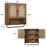 RUSTOWN Rattan Bathroom Wall Cabinet, Boho Medicine Cabinet with 2 Arched Doors, Farmhouse Over The Toilet Storage Cabinets with Adjustable Shelves & Towel Bar, 3-Tier Wall Mounted Cabinets RUSTOWN