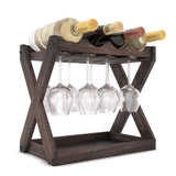 Rustic State Cava Countertop Solid Wood Wine Rack for 4 Bottles and 6 Stemware Glass Holder Cork Storage Tabletop Tray Freestanding Organizer - Home, Kitchen, Dining Room Bar Décor - Walnut Rustic State