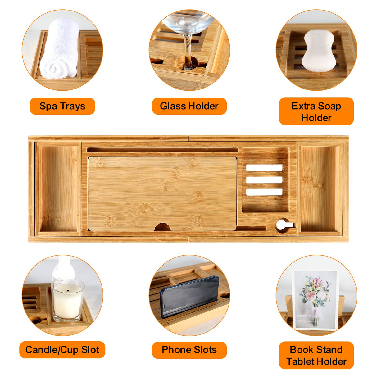 Premium Bathtub Caddy Tray for Tub, Bamboo Bath Tray for Tub with Extending Sides, Adjustable Bath Tub Tray Wood for Luxury Bath Fits Most Bath Tubs Bathtub Accessories Gift Idea BESHOF