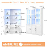 AMERLIFE 71" Tall Storage Cabinet with LED Lights, 5 Tier Large Modern Wood Kitchen Pantry with Acrylic Glass Doors & Shelves, Display Cabinet for Living room, Dining room, Bathroom, 6 Doors White AMERLIFE