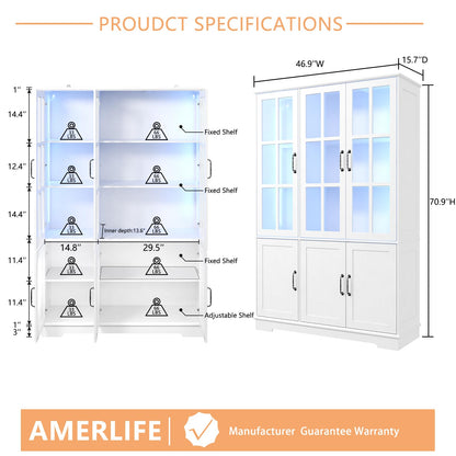 AMERLIFE 71" Tall Storage Cabinet with LED Lights, 5 Tier Large Modern Wood Kitchen Pantry with Acrylic Glass Doors & Shelves, Display Cabinet for Living room, Dining room, Bathroom, 6 Doors White