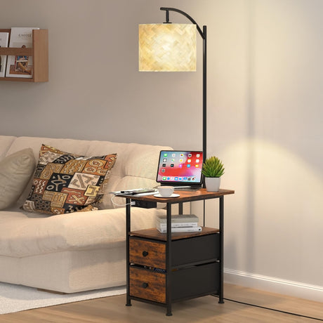 ULG Floor Lamp with Table, End Table Flood Lamp with Charging Station (USB, Type-C, AC) 2 Drawers 3 CCT LED Light Bulb 800lm, Vintage Side Table with Lamp for Reading, Bedroom, Living Room ULG